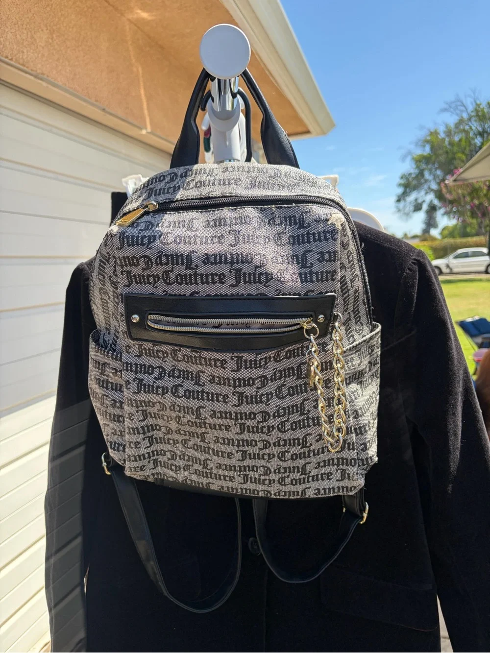 Juicy Couture Black & Gray Logo Print Mini Backpack with Gold Chain